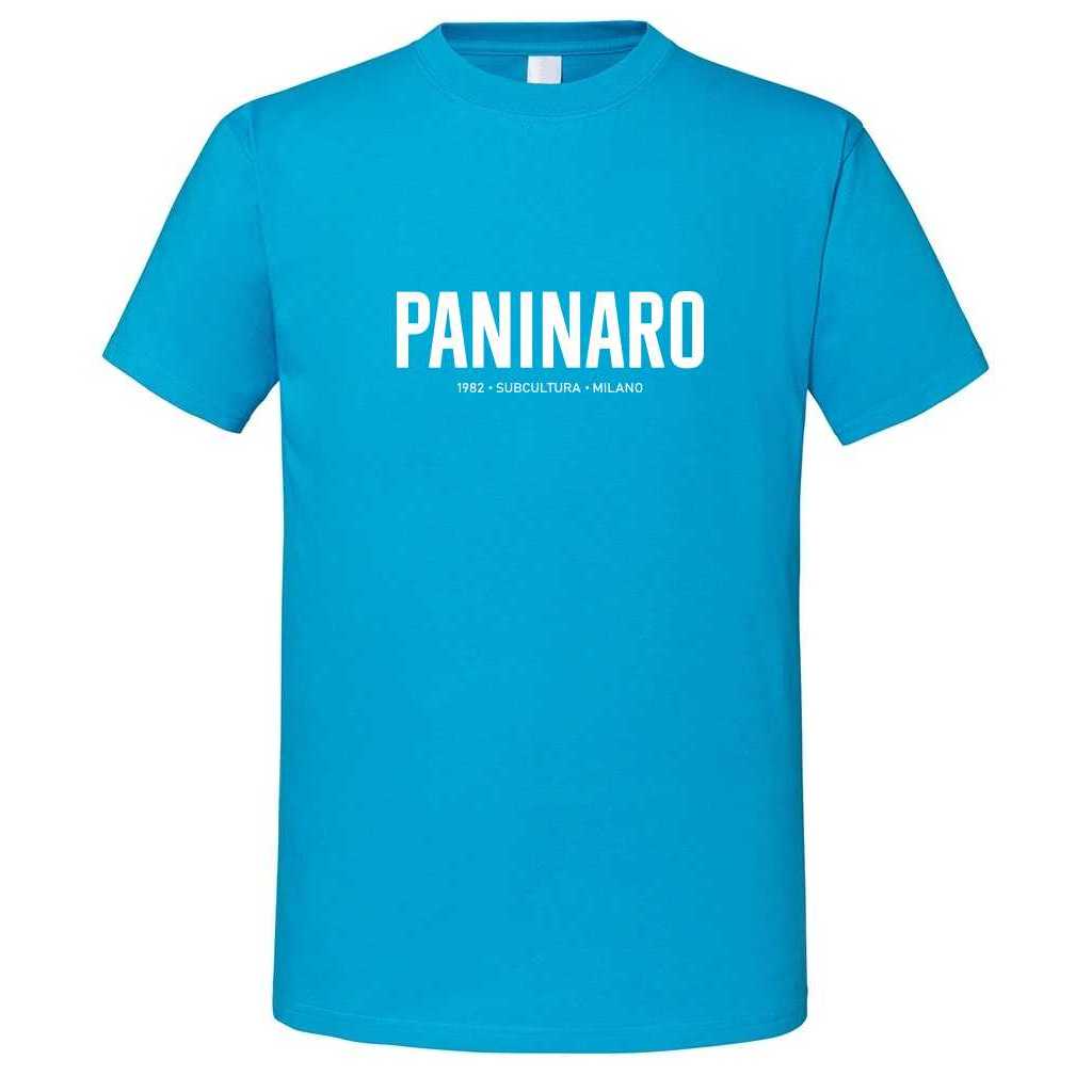 Paninaro '82 T-shirt - Azure / White in action.