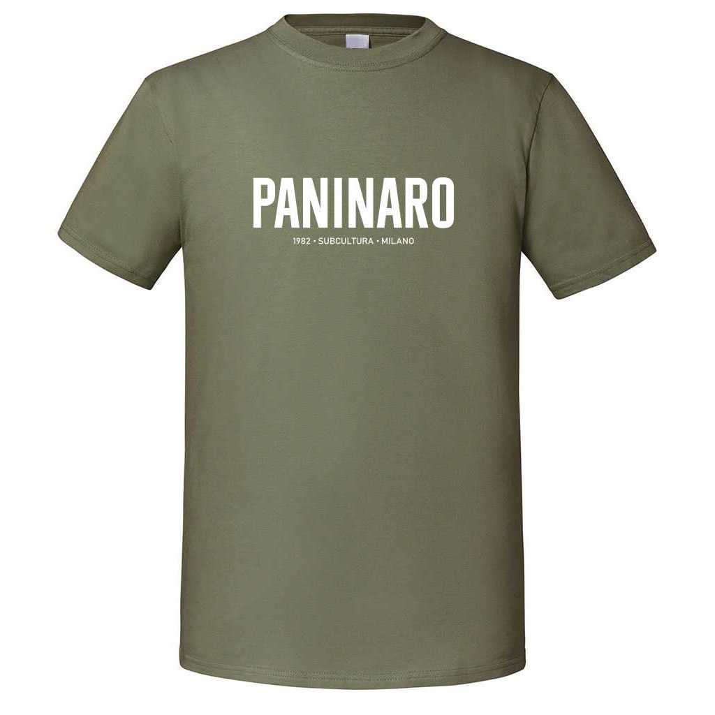 Paninaro '82 T-shirt - Olive / White in action.